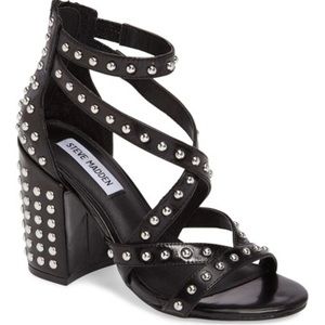 Steve Madden Fara Black Studded Leather Sandal. Size 8.5. Never worn, in box.